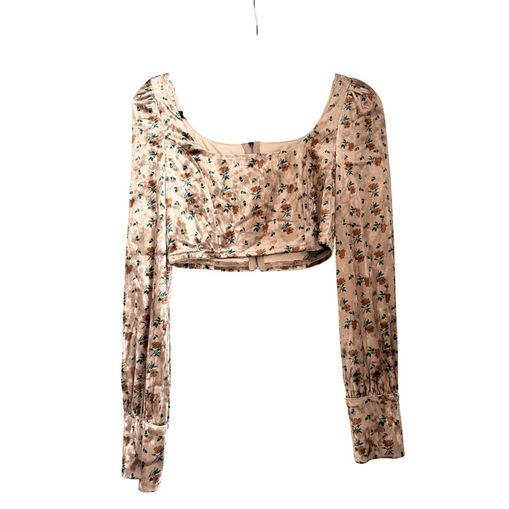 CIDER Floral Print Velvet Crop Top Square Neck Puff‎ Sleeve Zipper Front Women S